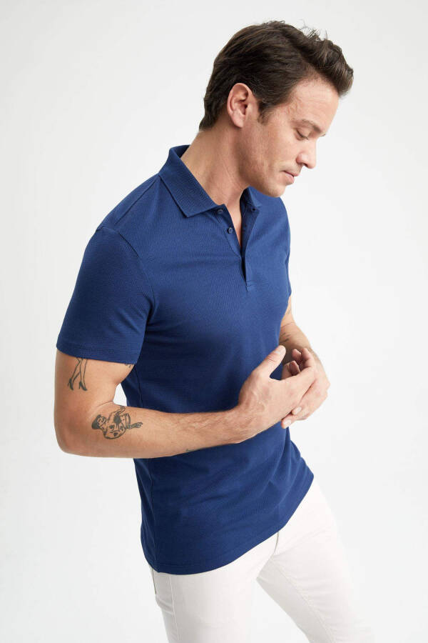 Slim Fit Polo Yaka Basic Qisqa Yengli Futbolka Qorong'i Indigo - 15