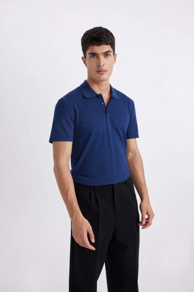 Slim Fit Polo Yaka Basic Qisqa Yengli Futbolka Qorong'i Indigo - 6