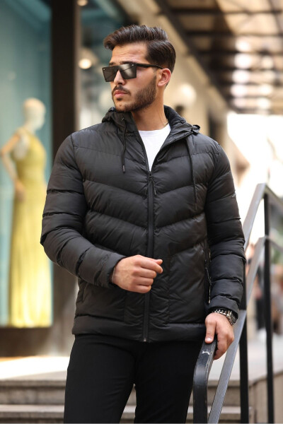 Slim Fit Puffer Jacket with Hood - 1