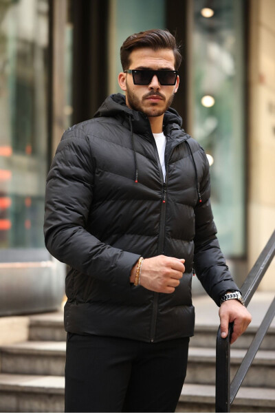 Slim Fit Puffer Jacket with Hood - 1