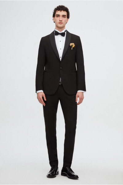 Slim Fit Qora Rangli Oddiy Tuxedo & Jiletli Kostyum - 18