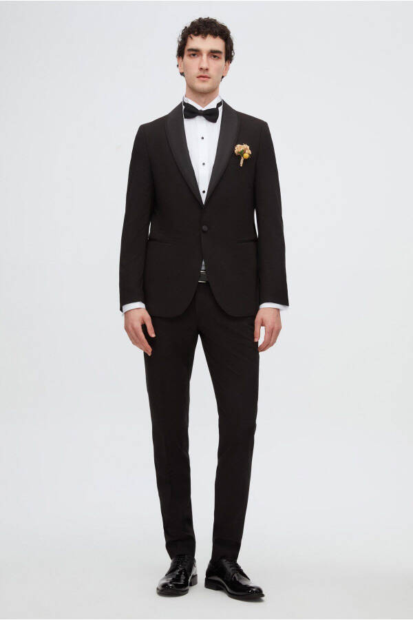 Slim Fit Qora Rangli Oddiy Tuxedo & Jiletli Kostyum - 18