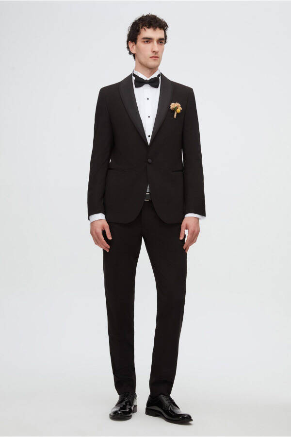 Slim Fit Qora Rangli Oddiy Tuxedo & Jiletli Kostyum - 20