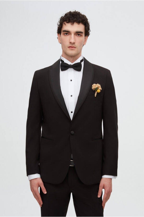 Slim Fit Qora Rangli Oddiy Tuxedo & Jiletli Kostyum - 9