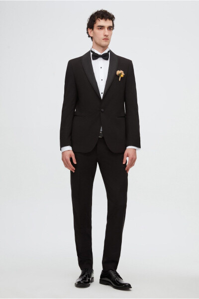 Slim Fit Qora Rangli Oddiy Tuxedo & Jiletli Kostyum - 12