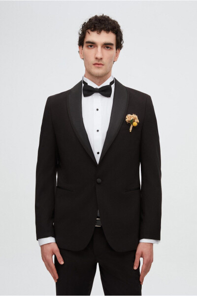 Slim Fit Qora Rangli Oddiy Tuxedo & Jiletli Kostyum - 1