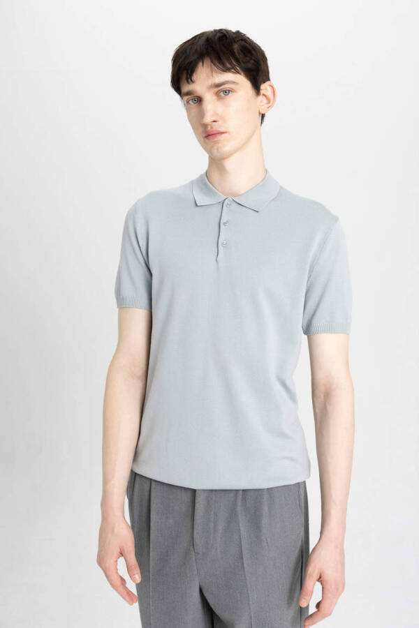 Slim Fit Short Sleeve Knit Polo Shirt Grey - 4