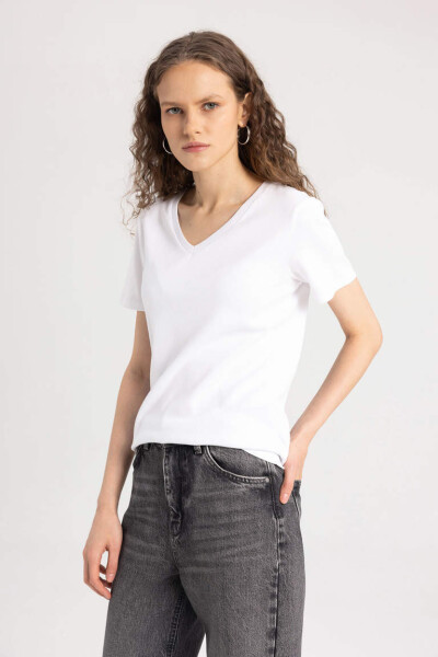 Slim Fit V-Neck Basic Short Sleeve 100% Cotton T-Shirt White - 1