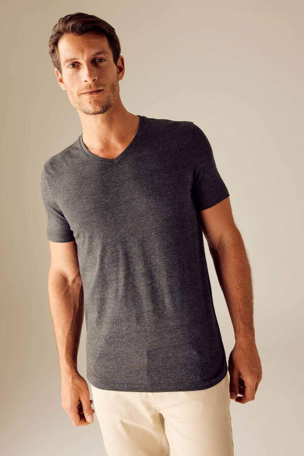 Slim Fit V-Neck Basic Short Sleeve Cotton T-Shirt Anthracite Melange - 1