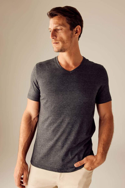 Slim Fit V-Neck Basic Short Sleeve Cotton T-Shirt Anthracite Melange - 4