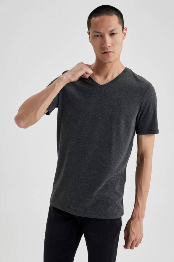 Slim Fit V-Neck Basic Short Sleeve Cotton T-Shirt Anthracite Melange - 6