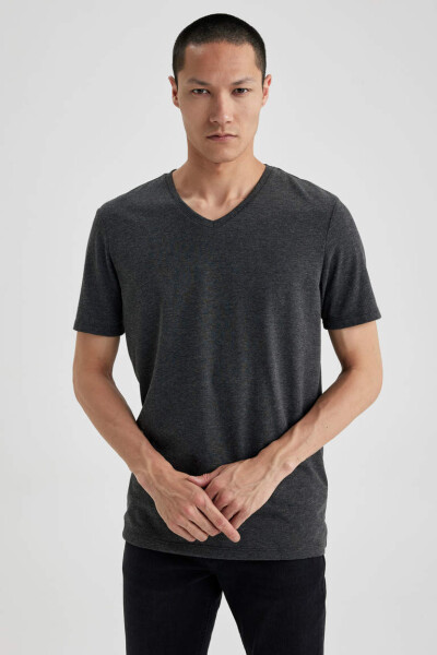 Slim Fit V-Neck Basic Short Sleeve Cotton T-Shirt Anthracite Melange - 8