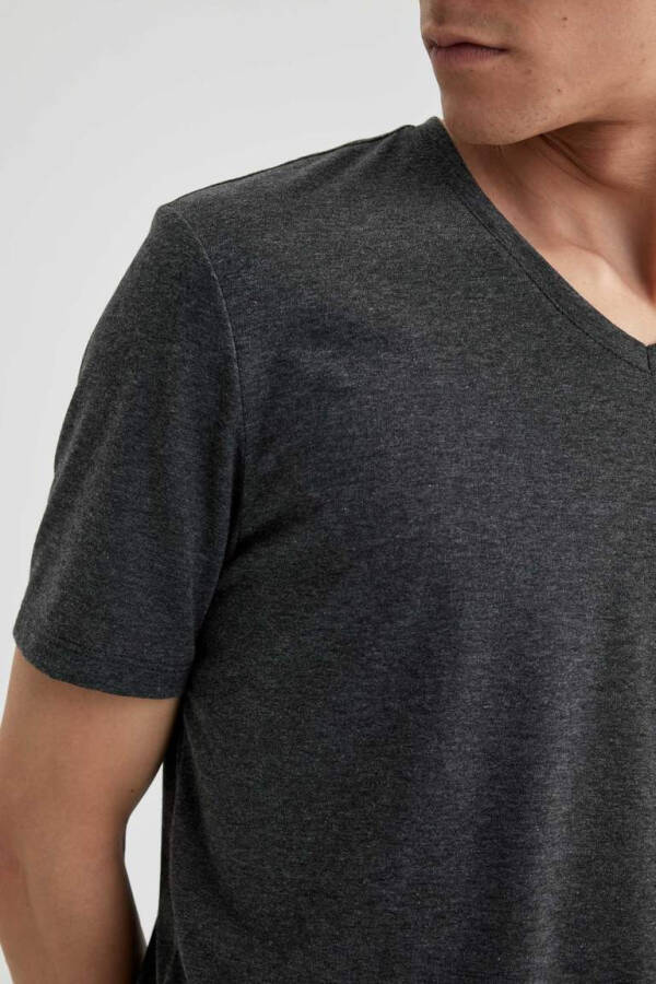 Slim Fit V-Neck Basic Short Sleeve Cotton T-Shirt Anthracite Melange - 9