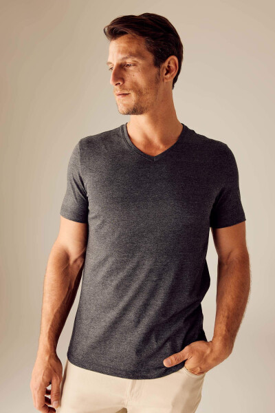 Slim Fit V-Neck Basic Short Sleeve Cotton T-Shirt Anthracite Melange - 14