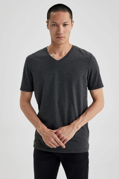 Slim Fit V-Neck Basic Short Sleeve Cotton T-Shirt Anthracite Melange - 18