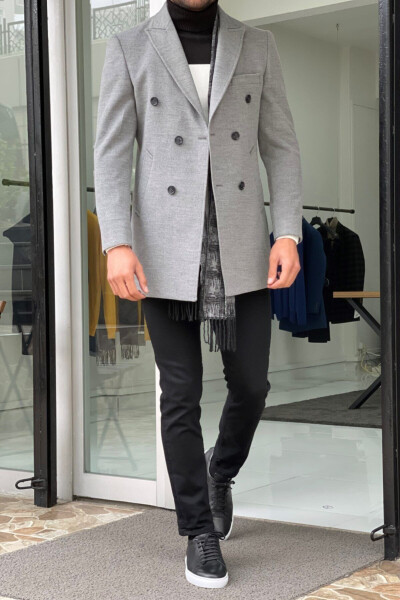 Slim Fit Wool Double-Breasted Gray Coat - 2