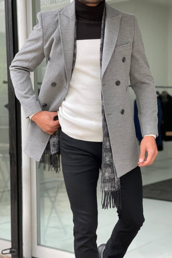 Slim Fit Wool Double-Breasted Gray Coat - 4