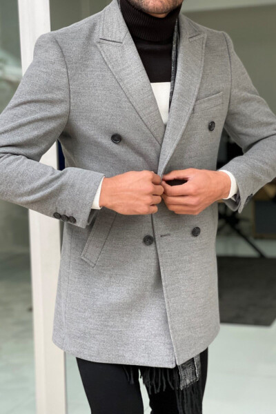 Slim Fit Wool Double-Breasted Gray Coat - 5