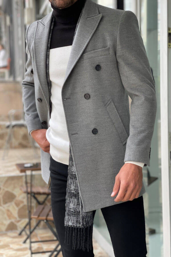 Slim Fit Wool Double-Breasted Gray Coat - 6