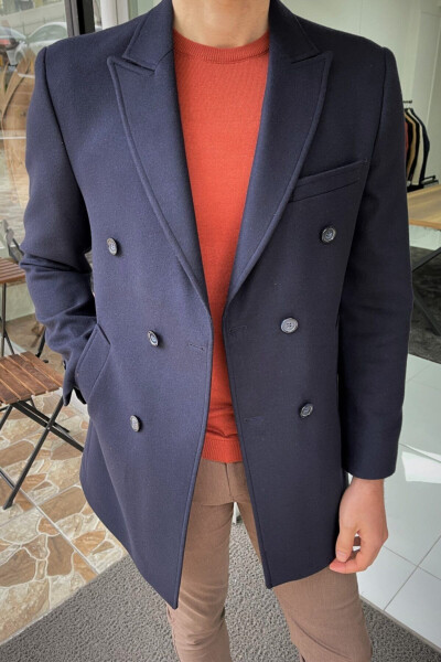 Slim Fit Wool Double-Breasted Navy Blue Coat - 1