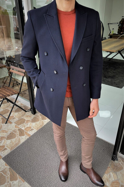 Slim Fit Wool Double-Breasted Navy Blue Coat - 2