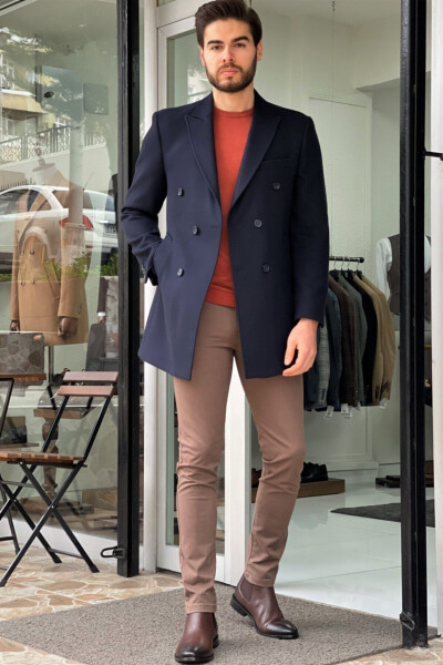 Slim Fit Wool Double-Breasted Navy Blue Coat - 3