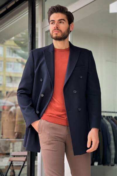 Slim Fit Wool Double-Breasted Navy Blue Coat - 4