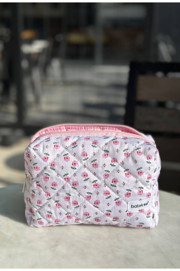 Small Pink Floral Makeup Bag - Large Size - 2