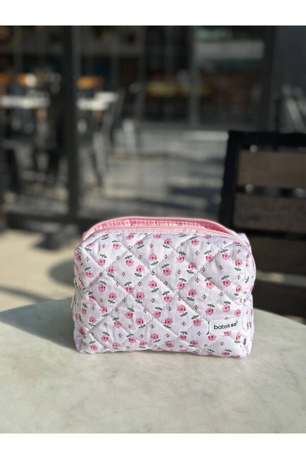 Small Pink Floral Makeup Bag - Large Size - 4