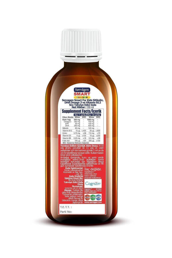 Smart Kids Sıvı Form - Sitikolin DHA Omega 3 Norveç Balık Yağı ve B12 - 150 ml - 12