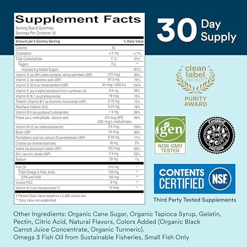 SmartyPants Multivitamin Erkekler ve Kadınlar İçin: D3, C, B12, B6, A, K ve Çinko İçeren Multivitamin Sakızları, Omega 3 Balık Yağı (EPA/DHA), Glutensiz, 180 Adet (30 Günlük Stok) - 2