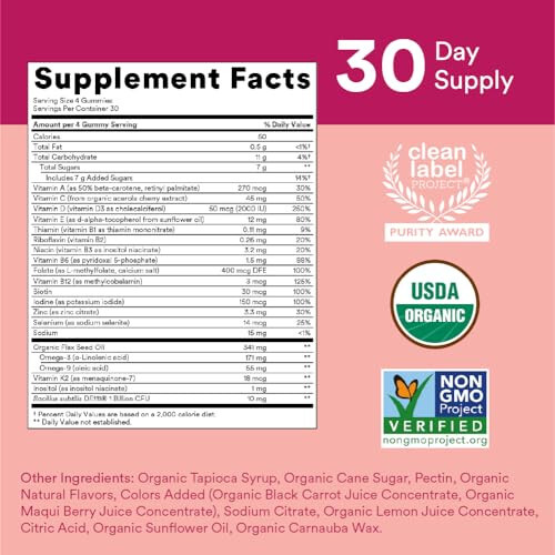 SmartyPants Organic Women's Multivitamin Gummies: Biotin, Probiotics, Methylfolate, Omega 3 (ALA), Vitamin D3, C, Vitamin B12, B6, Vitamin A, K & Zinc, Gluten Free, 120 Count (30 Day Supply) - 8