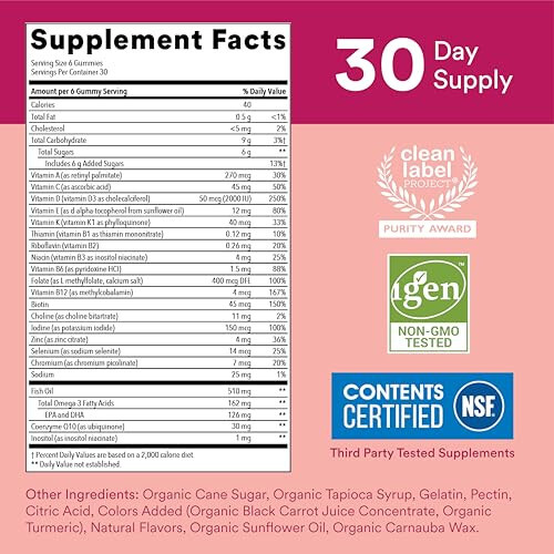 SmartyPants Organic Women's Multivitamin Gummies: Biotin, Probiotics, Methylfolate, Omega 3 (ALA), Vitamin D3, C, Vitamin B12, B6, Vitamin A, K & Zinc, Gluten Free, 120 Count (30 Day Supply) - 3