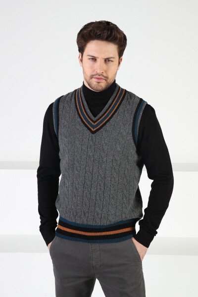 Smoked Knit Pattern V-Neck 100% Lambswool Men's Sweater - 1