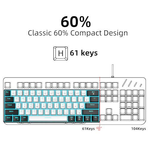 Snpurdiri 60% Simli Mexanik O'yin Klaviaturasi, Muz-Ko'k Rangli LED Orqa Yoritishli 61 Tugmali Mini Simli Ofis Klaviaturasi Windows Laptop PC Mac Uchun (Qora-Oq, Ko'k Tugmalar) - 2