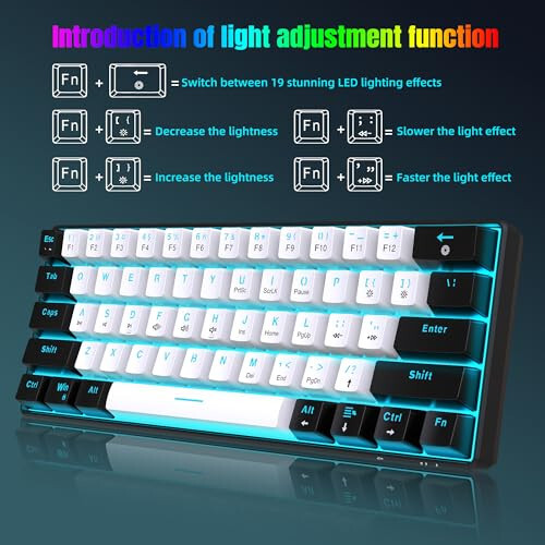 Snpurdiri 60% Wired Mechanical Gaming Keyboard, Ice Blue LED Backlit 61 Keys Mini Wired Office Keyboard for Windows Laptop PC Mac (Black-White, Blue Switches) - 4