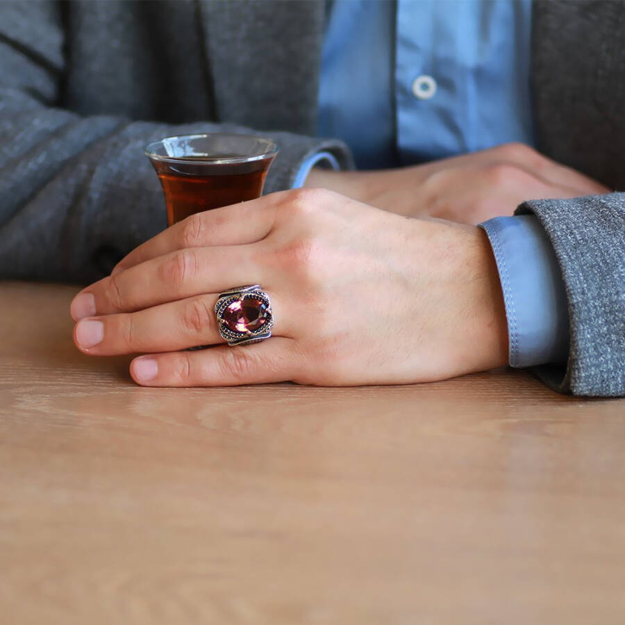 Soft Facet Zultanite Stone Side-Circumference Micro Stone Studded 925 Sterling Silver Men's Ring - 5