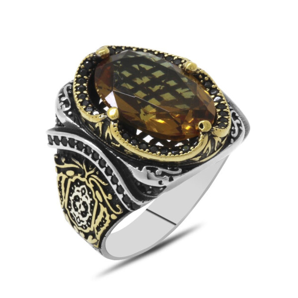 Soft Facet Zultanite Stone Side-Circumference Micro Stone Studded 925 Sterling Silver Men's Ring - 6