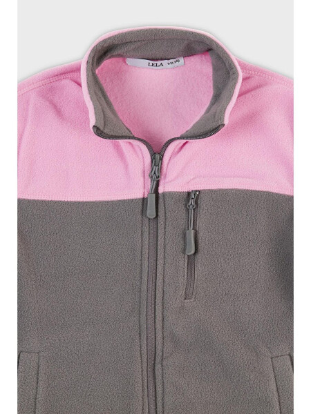 Soft Texture Zippered Color Block Stand Collar Pocket Fleece 5905001 - 2