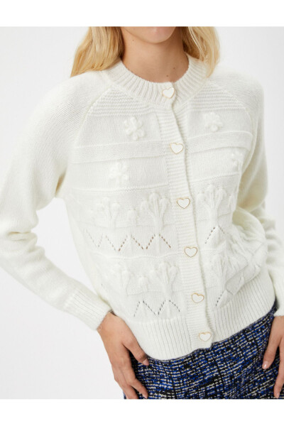 Soft Textured Round Neck Long Sleeve Cardigan with Heart Buttons - 11