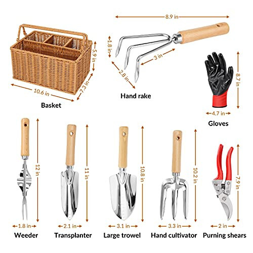 SOLIGT Gardening Hand Tools with Basket – Garden Tool Set with Pruning Shears, Cultivator, Gloves – Heavy-Duty Stainless Steel Gardening Tools with Wood Handle – Gardening Gifts for women men - 2