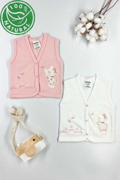 Somon colored, 2-piece cotton baby vest for 3-6-9 month babies. Bear embroidered, organic cotton. - 1