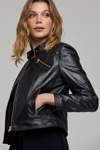 Sonia Women's Black Short Leather Jacket 21sge59131m - 7