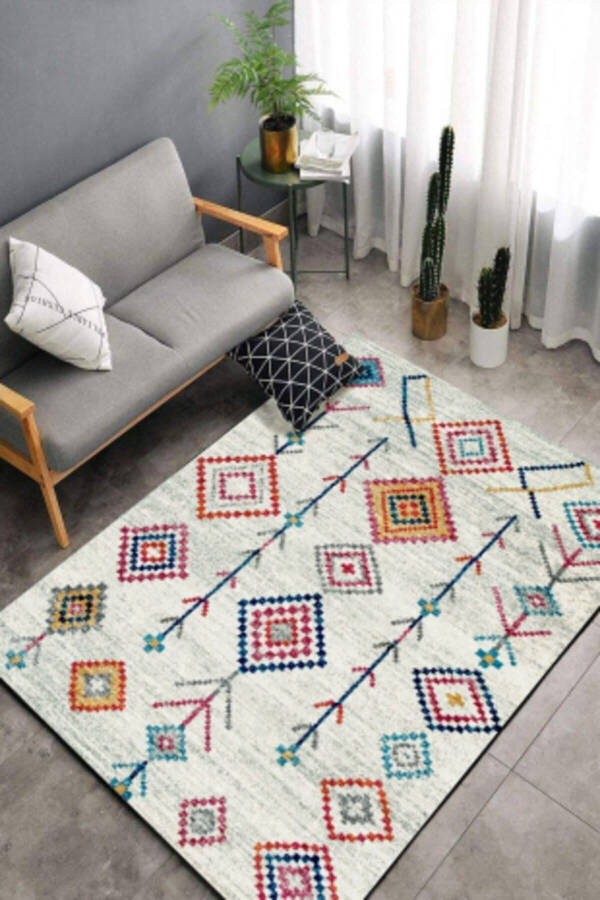 Şönil Kilim Desenli Modern Halı (MAKİNADA YIKANABİLİR SÜNGERLİ DOT/KEÇE TABAN) - Cp658 - 12