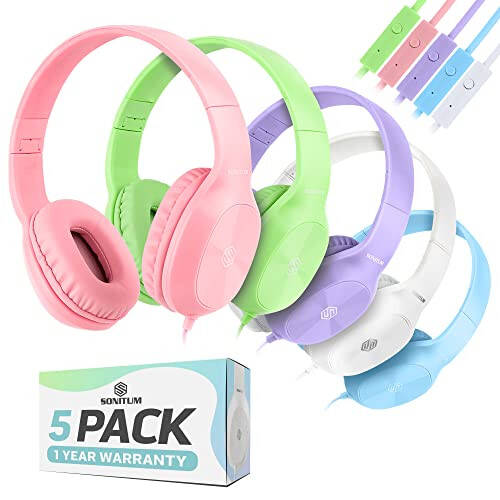 Sonitum Bulk Kids Headphones for School with Microphones - 5-Pack On-Ear 3.5mm Wired Headphones for Schools -Comfy Wired Kids Headphones with in-Line Mics – School Headphones for Kids - 1