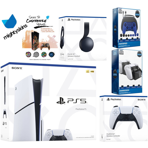 Sony Playstation 5 Slim Disc Bundle с гарнитурой Black Pulse, дополнительным белым контроллером, комплектом Pro Gamer Kit, двойной зарядной станцией и ваучером на наклейку MightySkins - 1