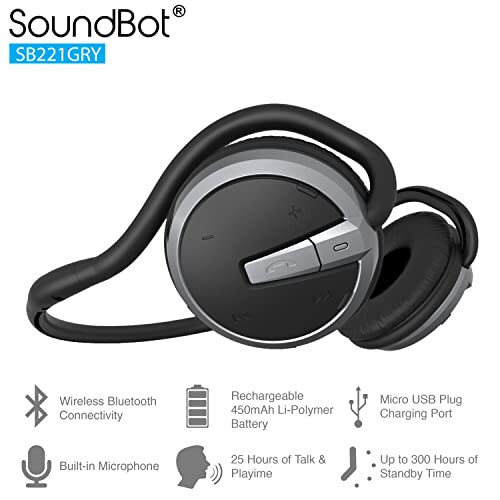 Soundbot SB221 HD Simsiz Bluetooth 4.0 Sport-Aktiv Quloqchinlar, 20 soatgacha Musiqa oqimi va 25 soatgacha Qo'lsiz qo'ng'iroqlar, Terga chidamli Ergonomik Xavfsiz joylashuv dizayni va Ovozli buyruqlar qo'llab-quvvatlashi bilan, Qora - 2