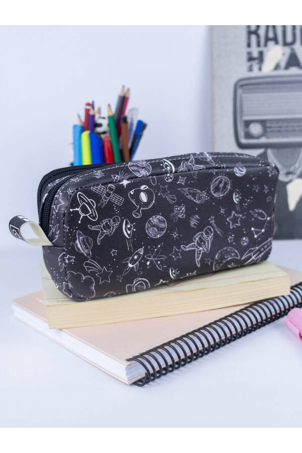 Space Cute Vegan Leather Pencil Case with Two Compartments (Double Eye Pencil Case) - 2