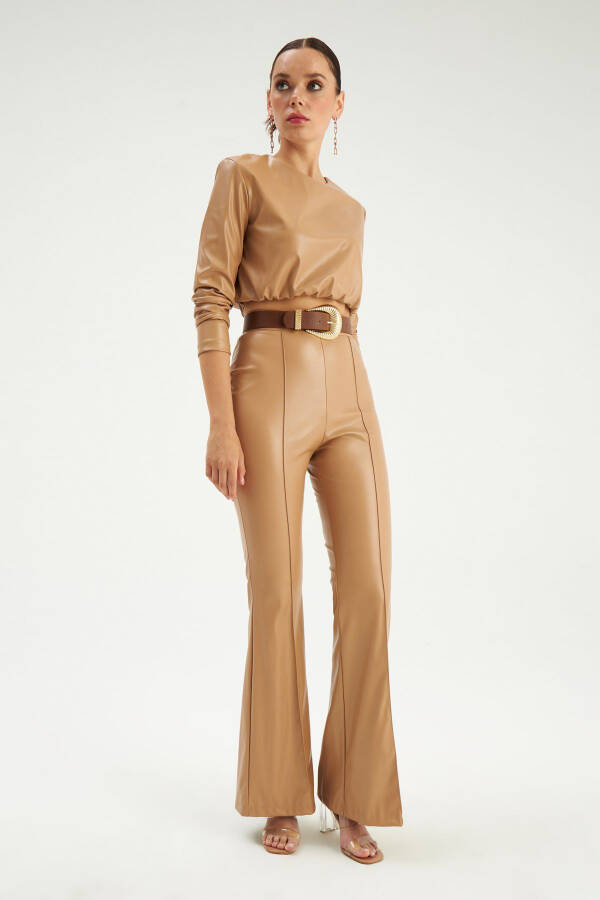 Spanish Wide Leg Leather Pants - Beige - 2