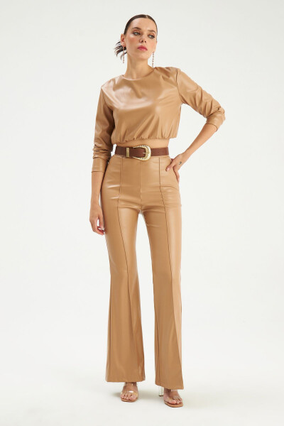 Spanish Wide Leg Leather Pants - Beige - 3